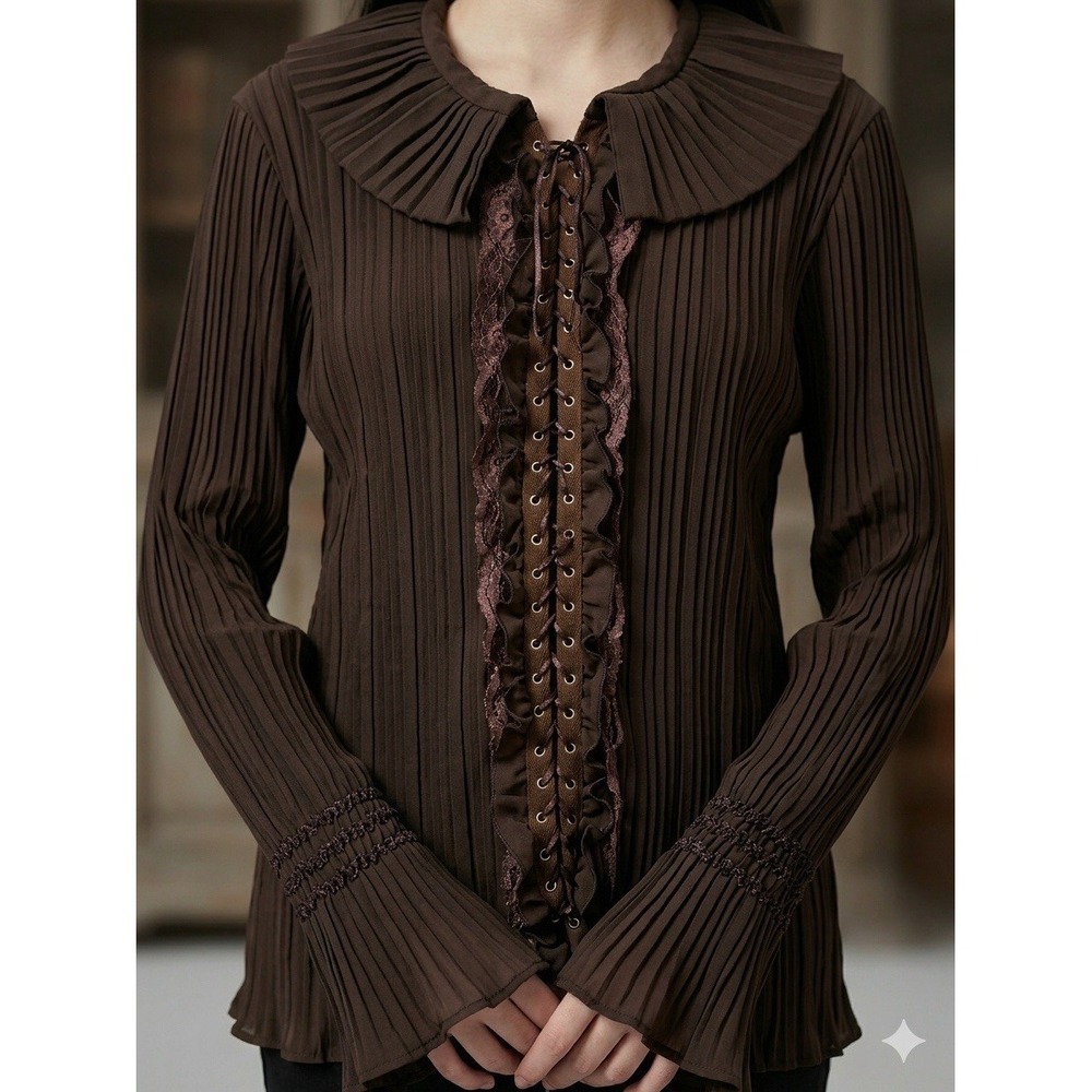 Vintage Y2K Dark Academia Pleated Victorian Ruffle Lace-up Brown Blouse Large